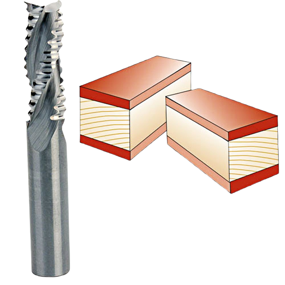 Spiral upcut roughing bit designed for fast cutting in hard materials, shown with wood cutting illustration in tool accessories
