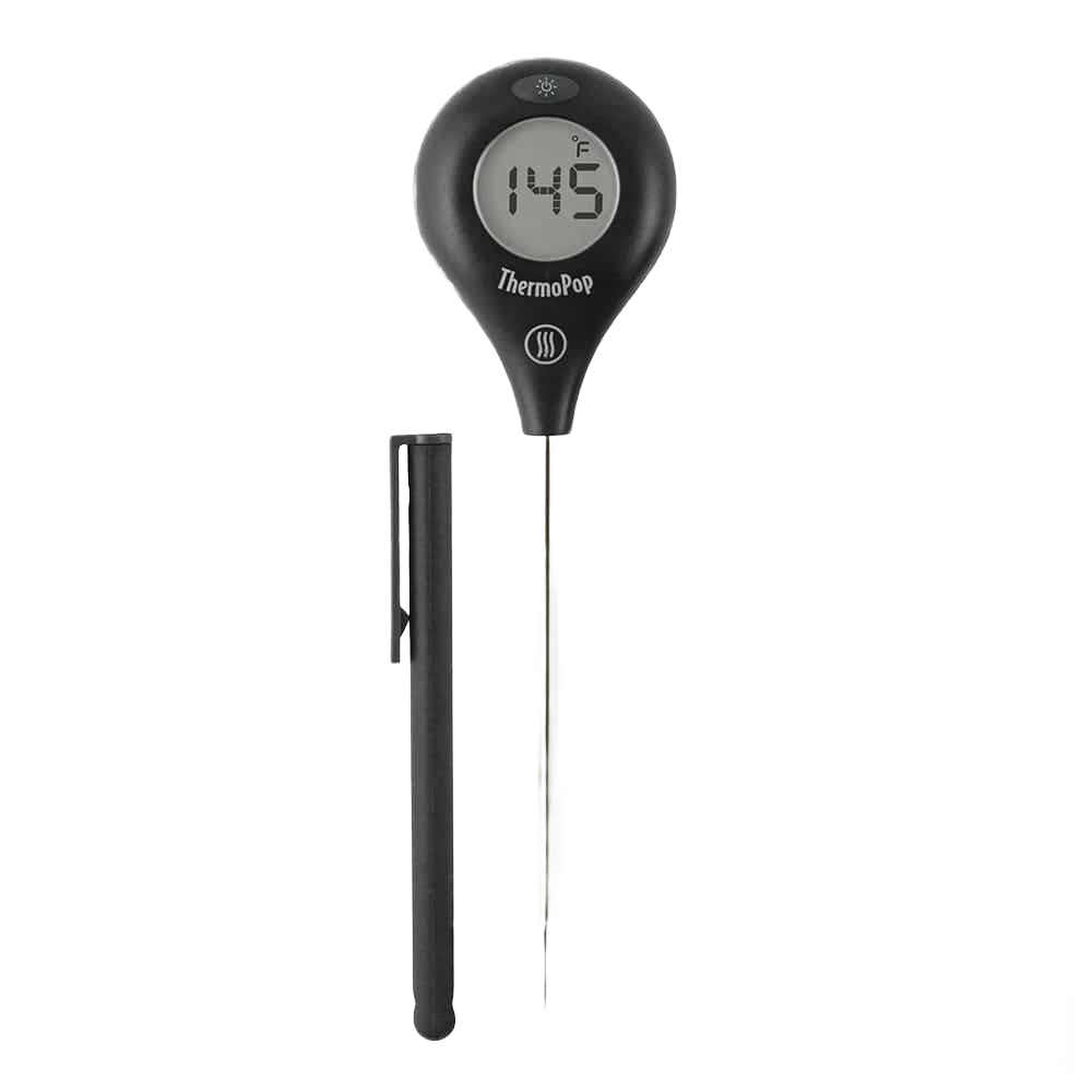 Compact black digital grill thermometer with rotating display and foldable probe, perfect for grilling and outdoor cooking tools