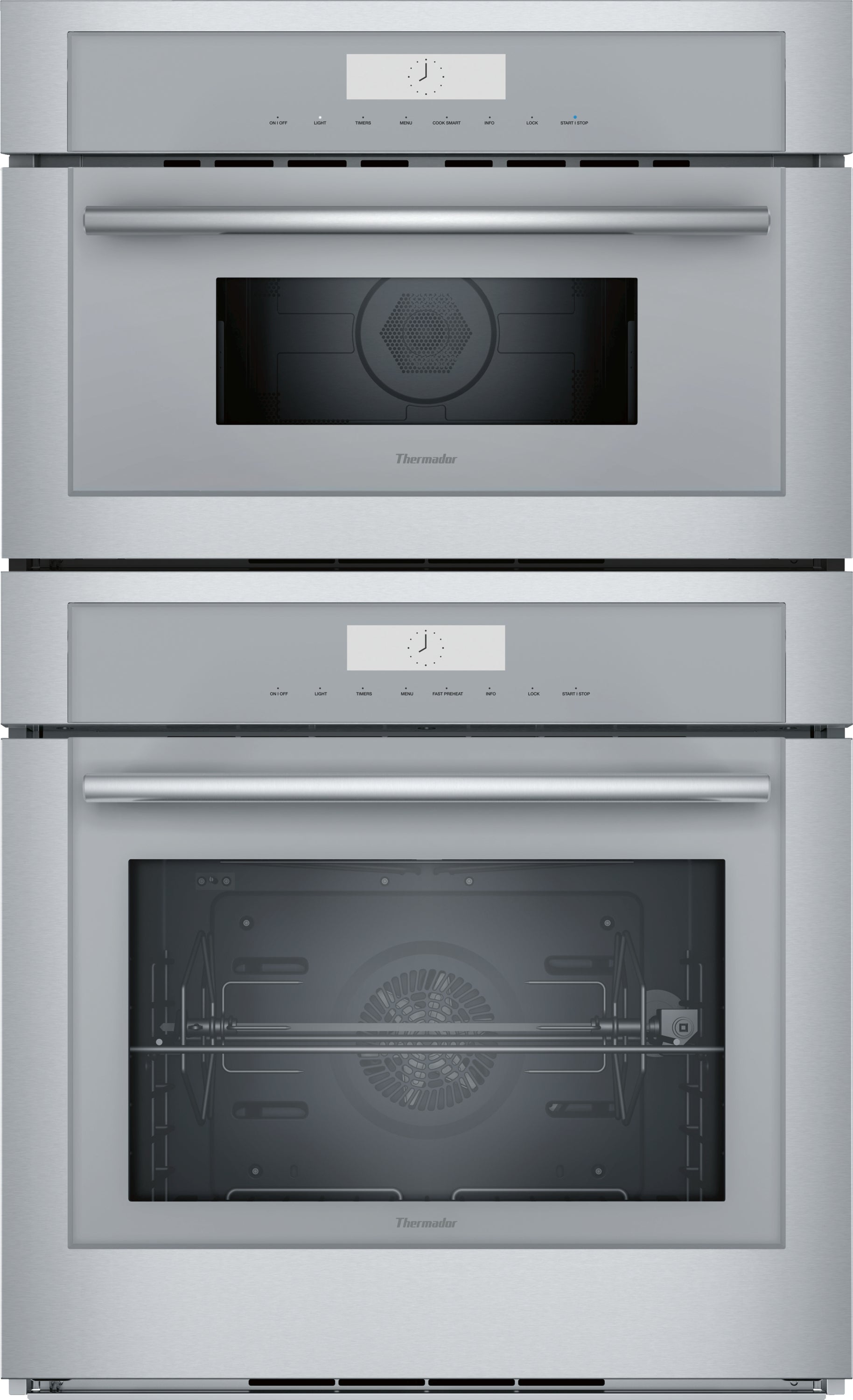Stainless steel built-in combination double oven with speed oven and digital controls in Wall Ovens and Appliances collections