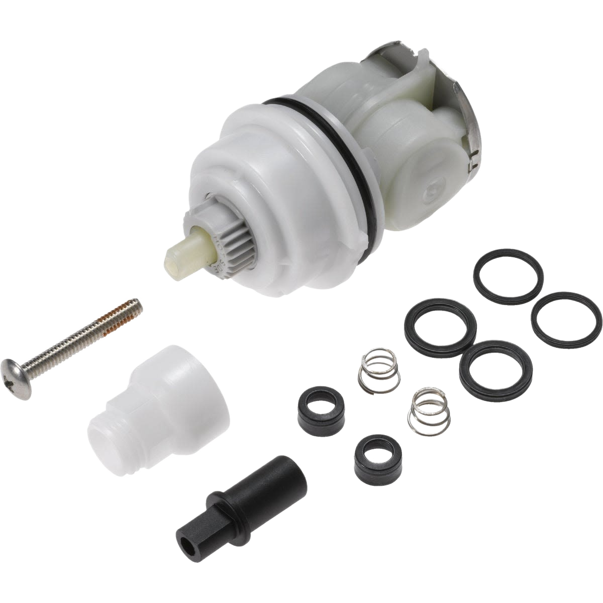 White plastic faucet cartridge assembly with springs, rubber seals, and metal screw for home improvement repairs