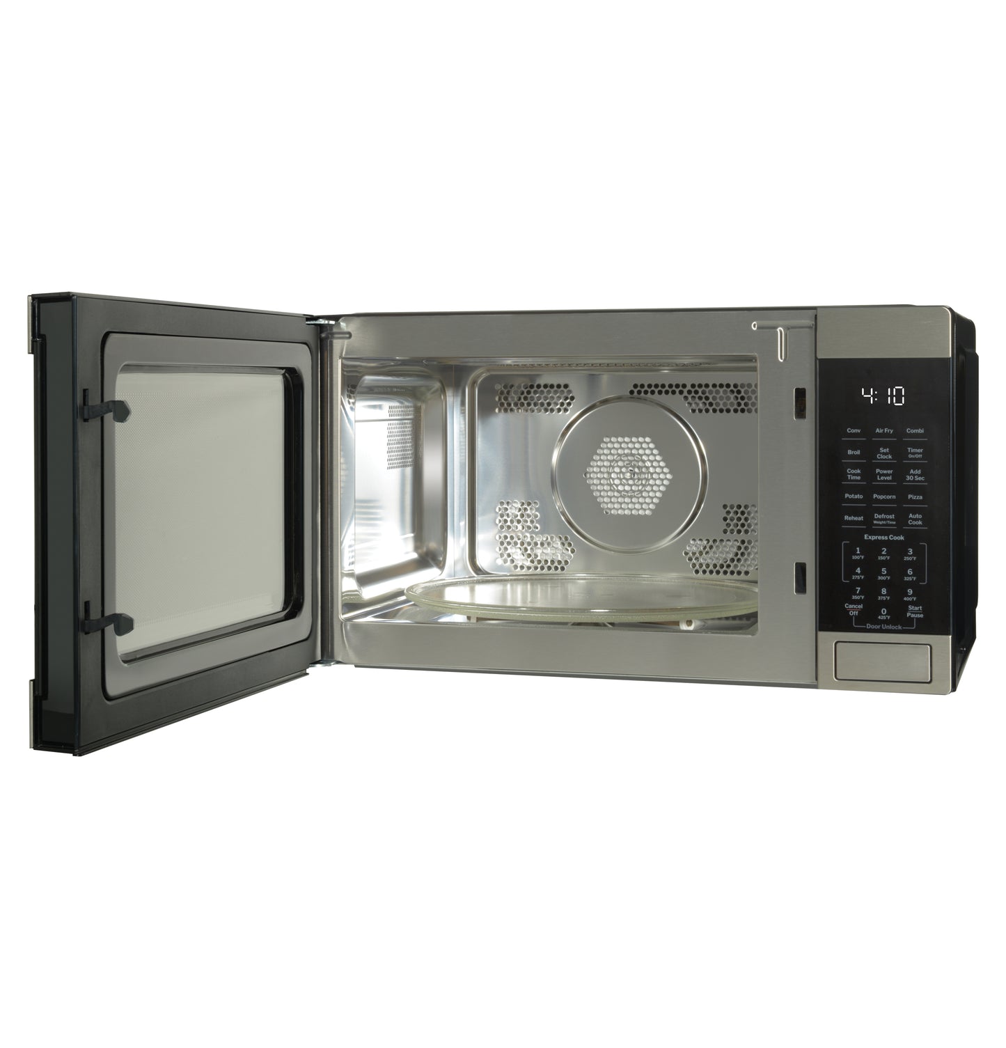 Open stainless steel countertop convection microwave with digital control panel from kitchen appliances collection
