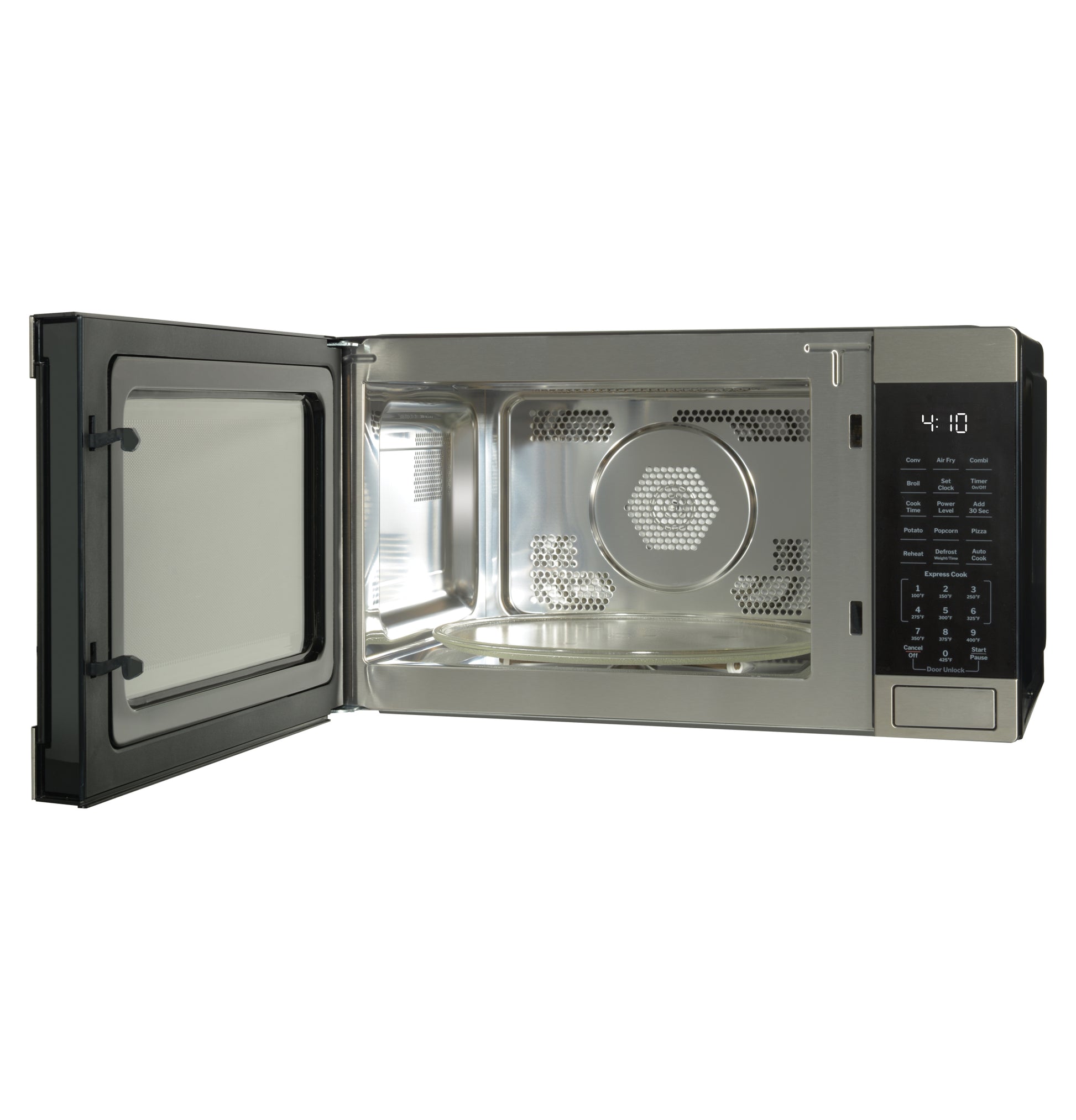 Open stainless steel countertop convection microwave with digital control panel from kitchen appliances collection