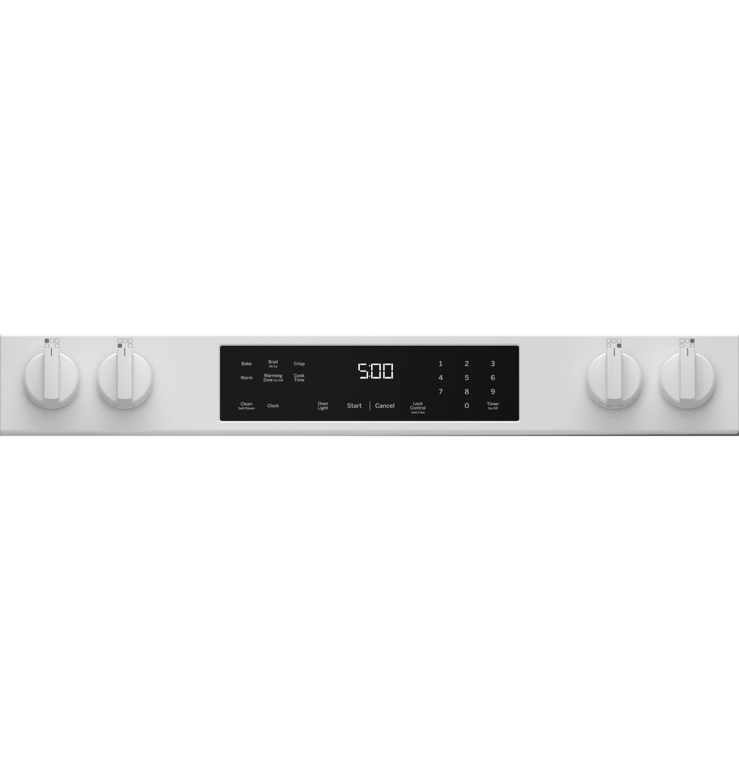 Control panel with digital display and four white knobs on a GE® electric slide-in range for kitchen appliances.