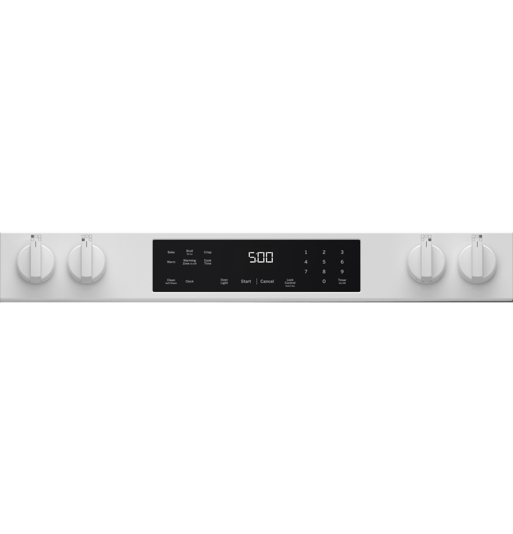 Control panel with digital display and four white knobs on a GE® electric slide-in range for kitchen appliances.