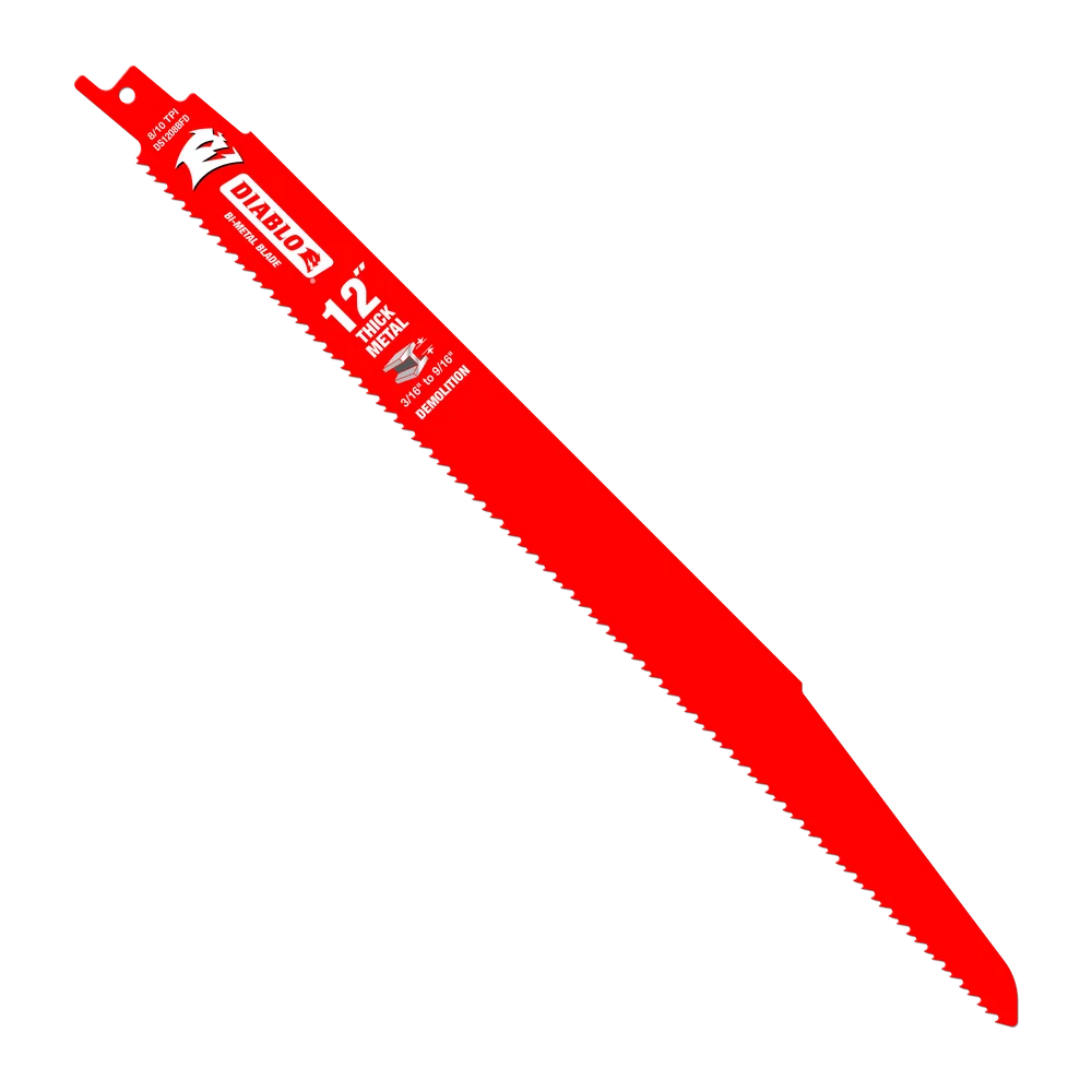 Red bi-metal saw blade for thick metal cutting, part of woodworking and power tool accessories collection.