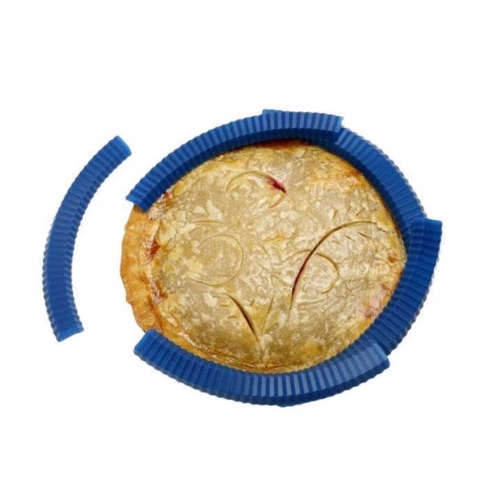 Blue flexible silicone pie crust shields partially covering golden baked pie for Kitchenware and Bakeware collections under $50