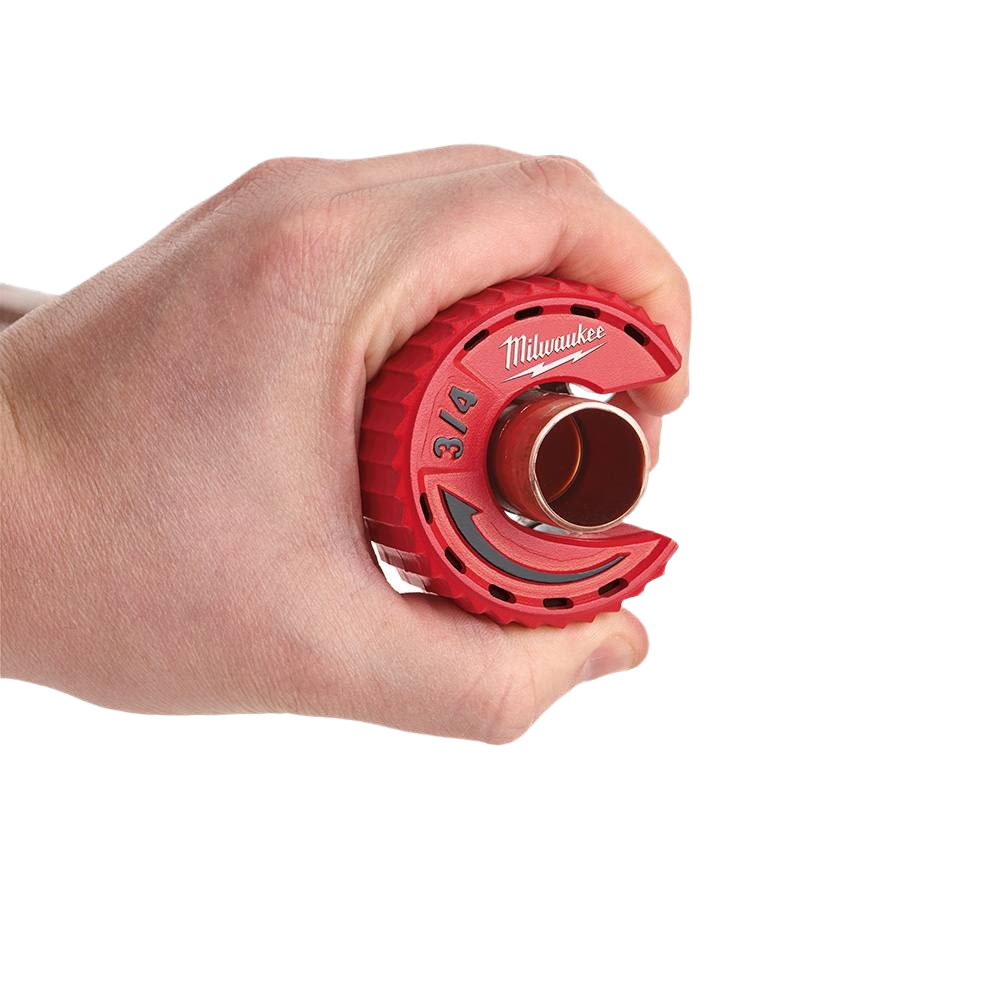 Ergonomic red tubing cutter with 3/4 inch capacity for close quarters pipe cutting in home improvement tasks