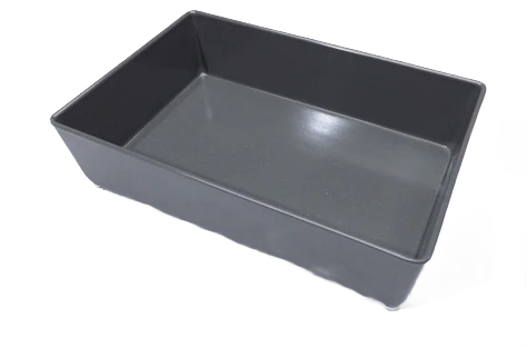 Rectangular dark gray bamboo melamine organizing tray with aluminum feet for countertop storage and organization.