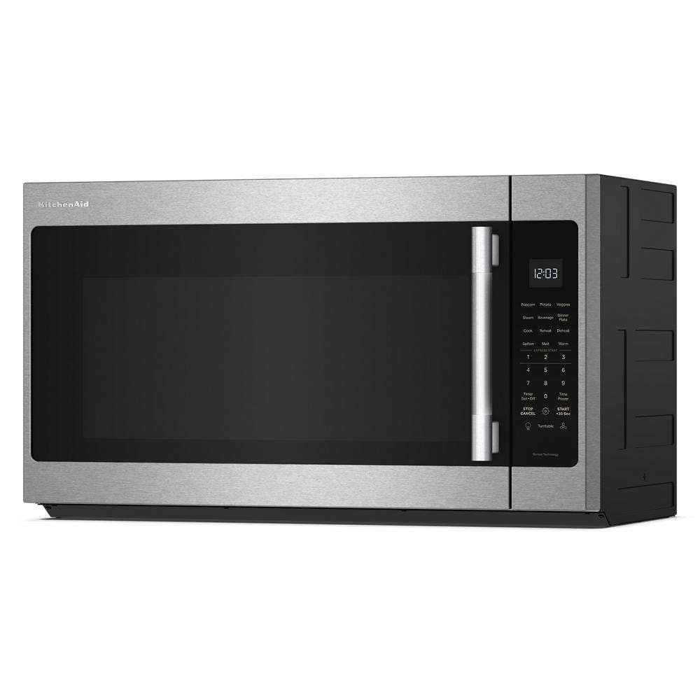 Stainless steel microwave with digital control panel and handle, part of KitchenAid microwaves and kitchen appliances collections