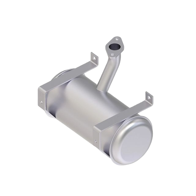 Silver metal muffler designed for John Deere engine exhaust with mounting brackets for automotive and mechanic tools use