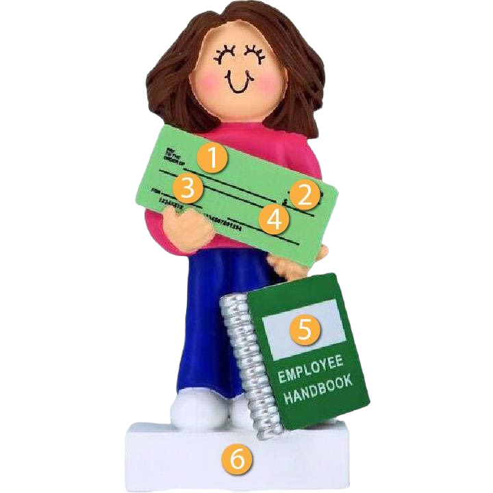 Figurine ornament of brunette female holding green check and employee handbook for Christmas decor under $50