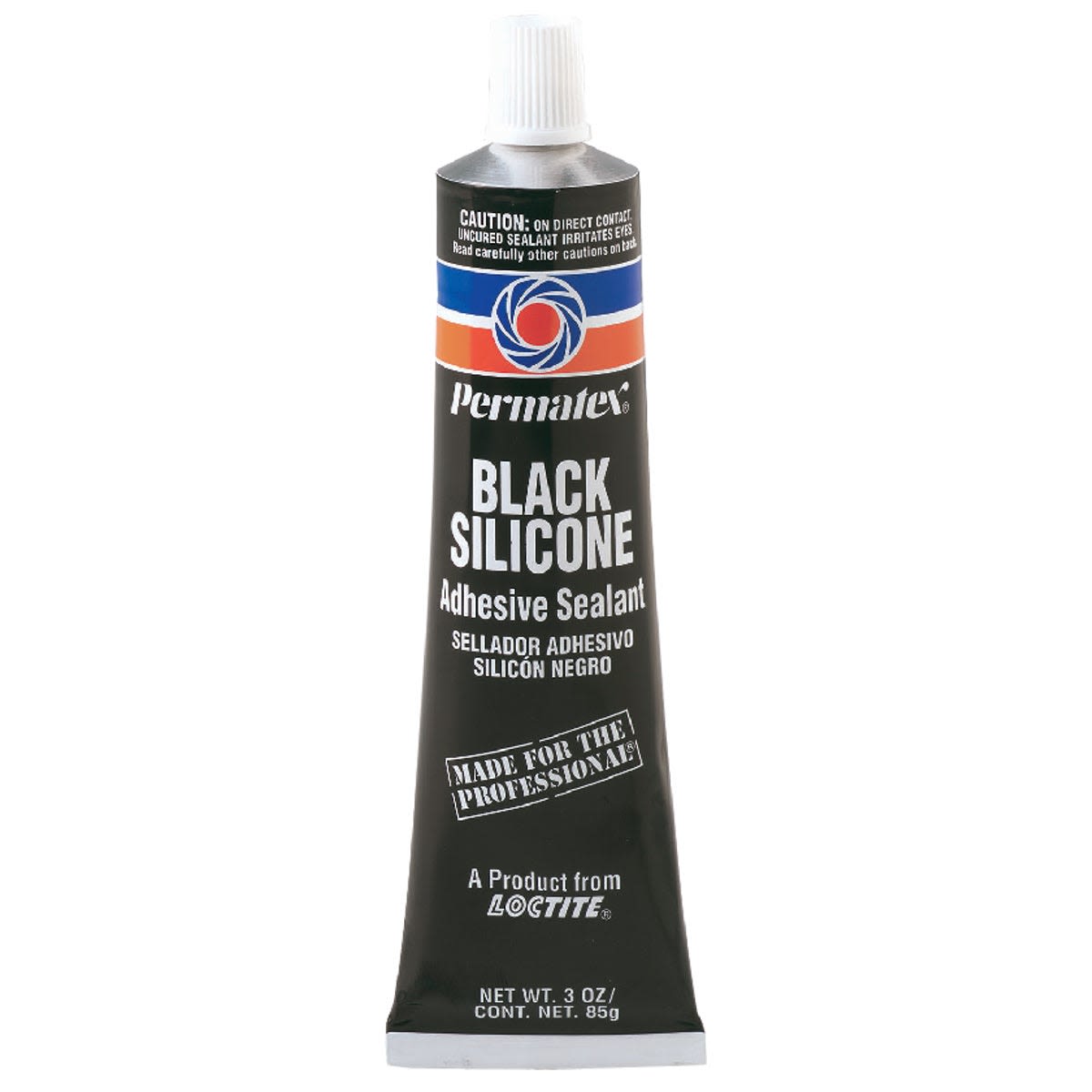 Tube of black silicone adhesive sealant for home improvement and repair projects with clear cap and professional labeling