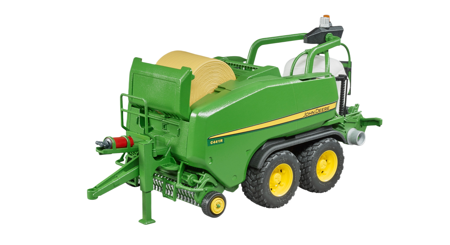 Green Bruder 09819 John Deere toy wrapping chamber baler with yellow wheels from Vehicles & Remote Controlled Toys collection