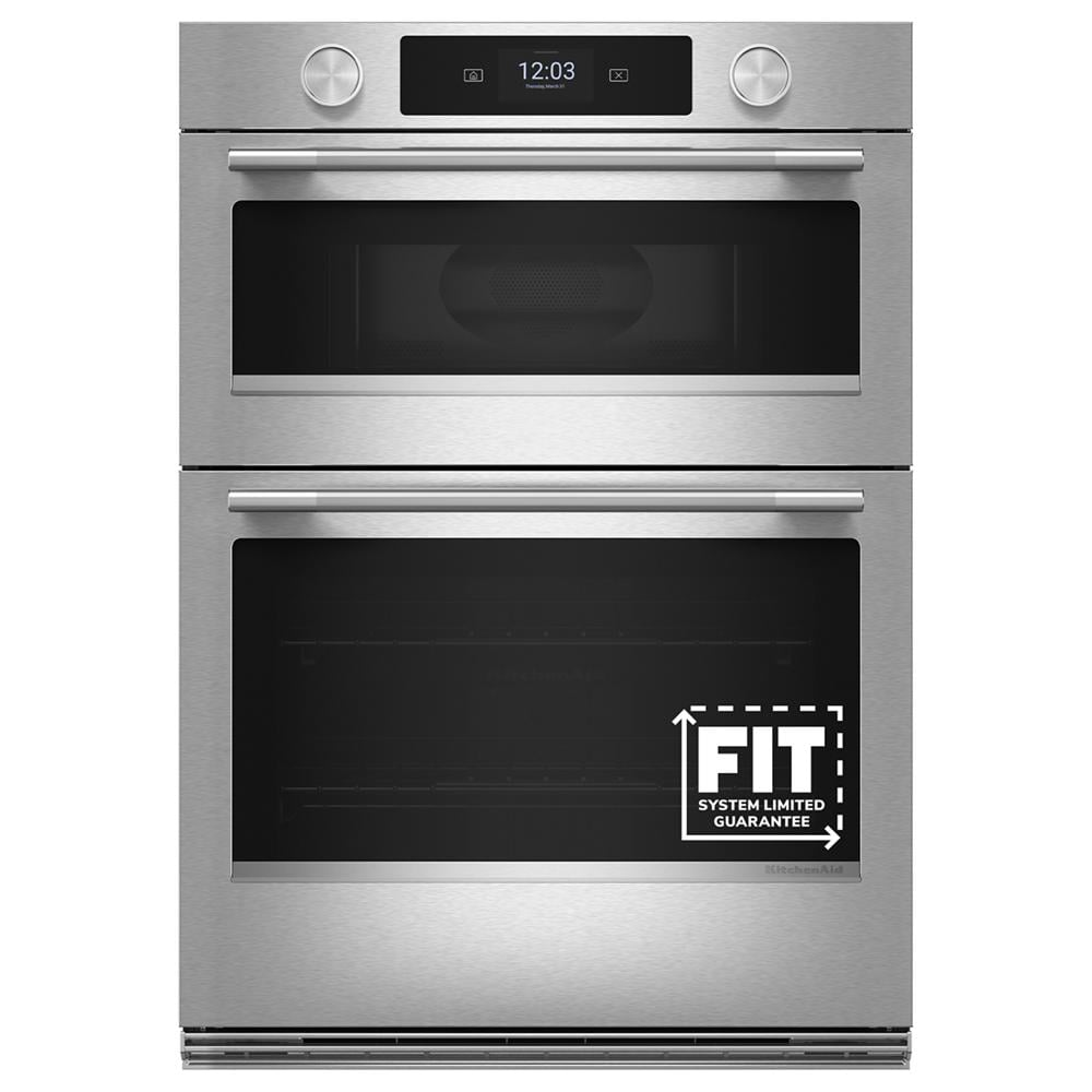 27-inch stainless steel combo wall oven with dual compartments, LED touchscreen, and backlit control knobs in kitchenware collection
