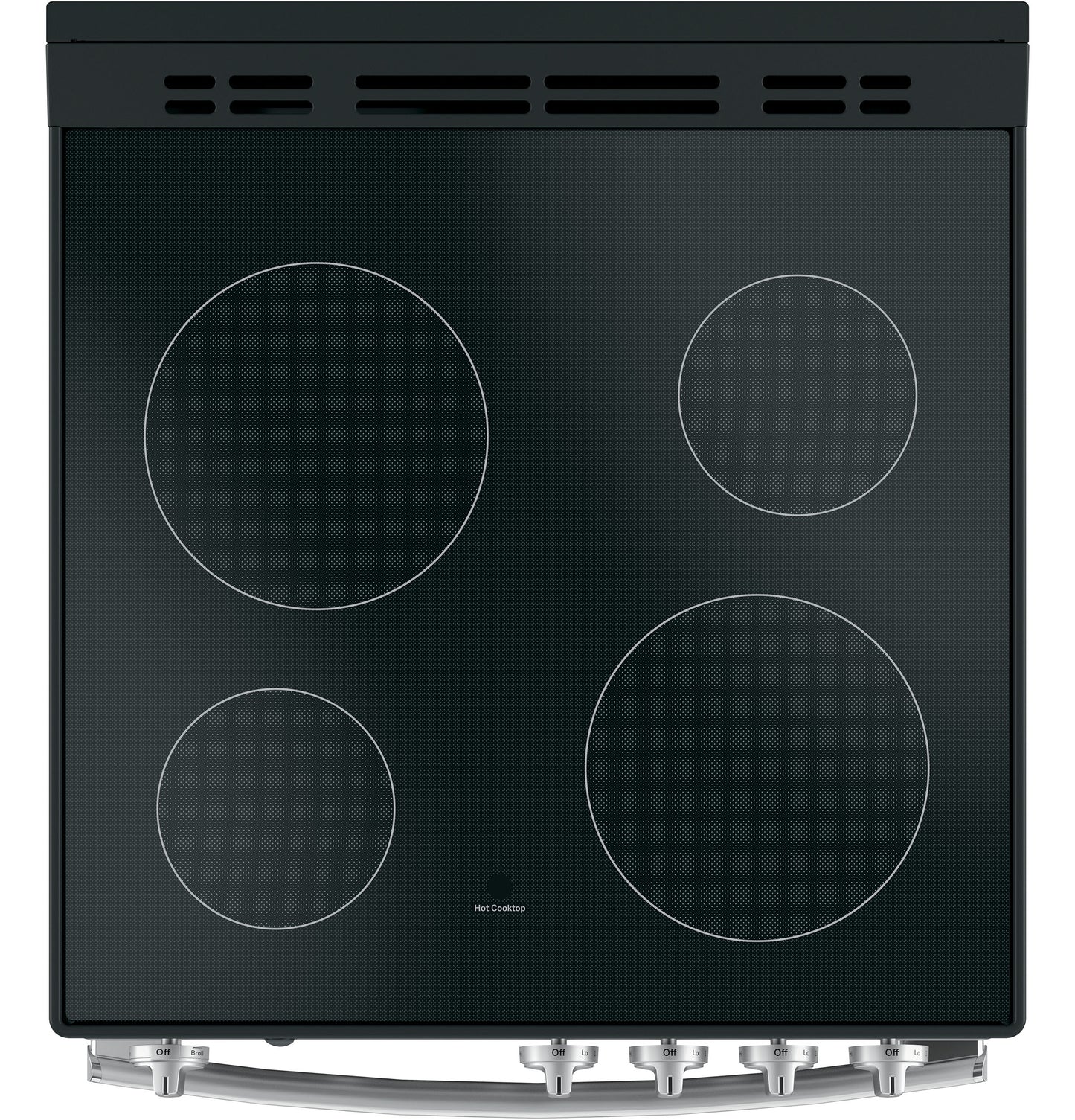 Black induction cooktop surface with four circular burners and front control knobs in kitchen appliance setting