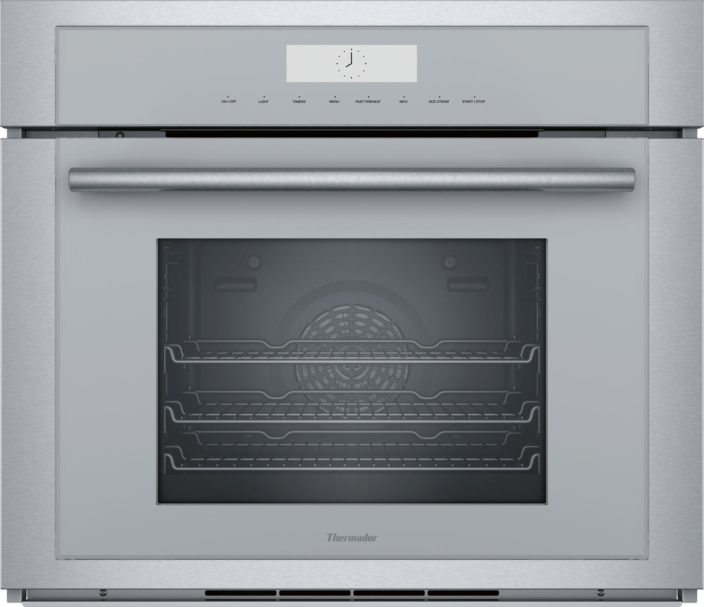 Stainless steel wall oven with digital controls and steam convection technology in Thermador kitchen appliances collection
