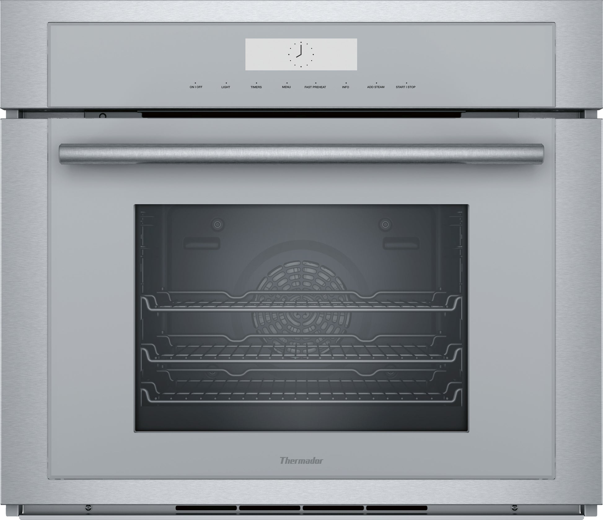 Stainless steel wall oven with digital controls and steam convection technology in Thermador kitchen appliances collection