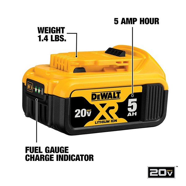 Compact yellow and black 20V MAX lithium-ion battery with 5Ah capacity and fuel gauge for home improvement tools