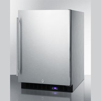 Outdoor stainless steel upright freezer with digital temperature display for kitchen and appliance use