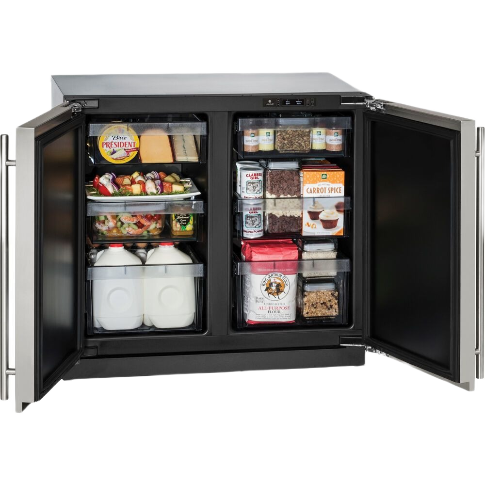 36-inch black integrated double-door refrigerator open to show organized food storage in kitchenware and appliances collection