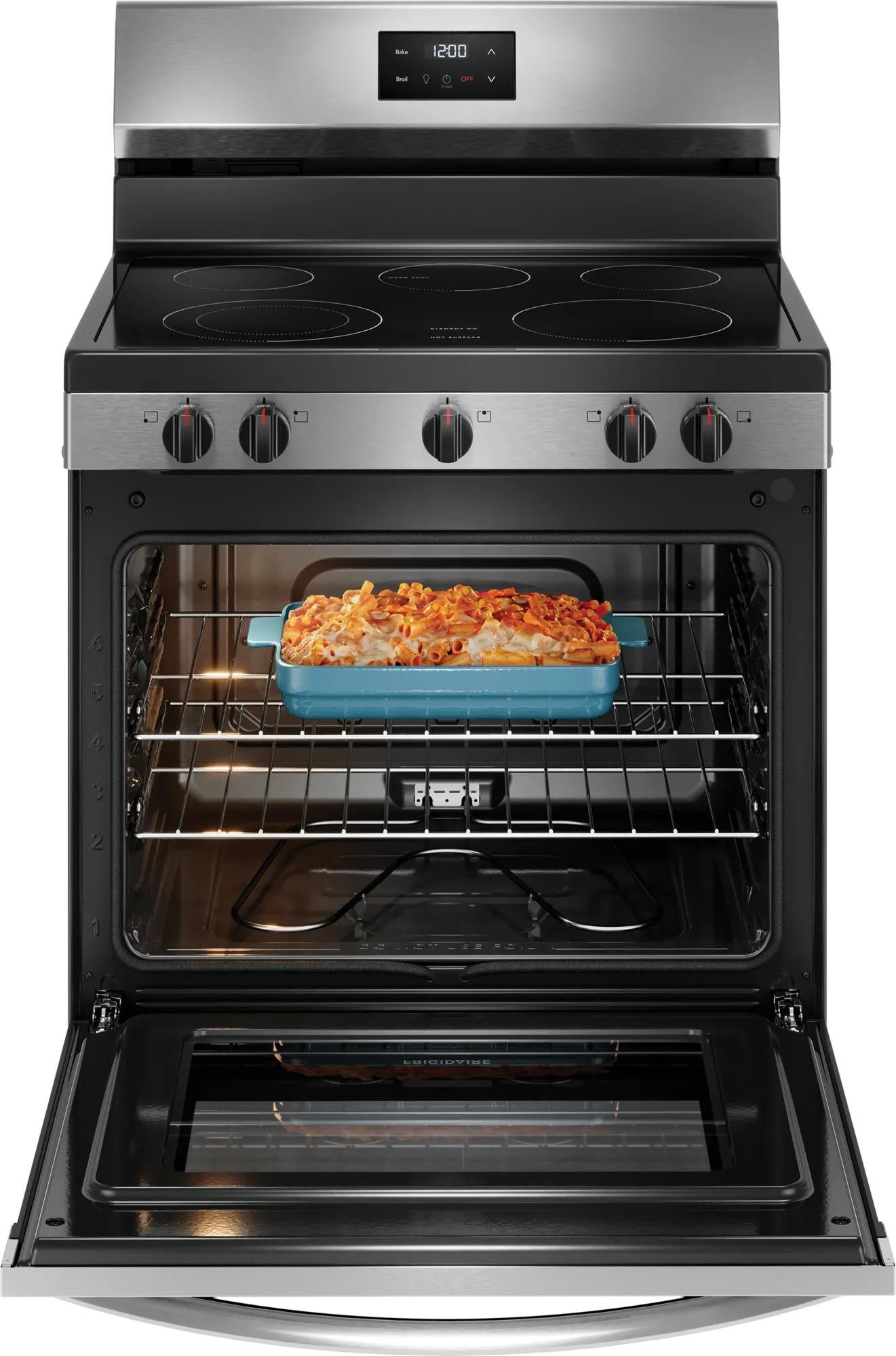 Stainless steel electric range with smooth cooktop, digital display, five burners, and open oven with casserole dish inside