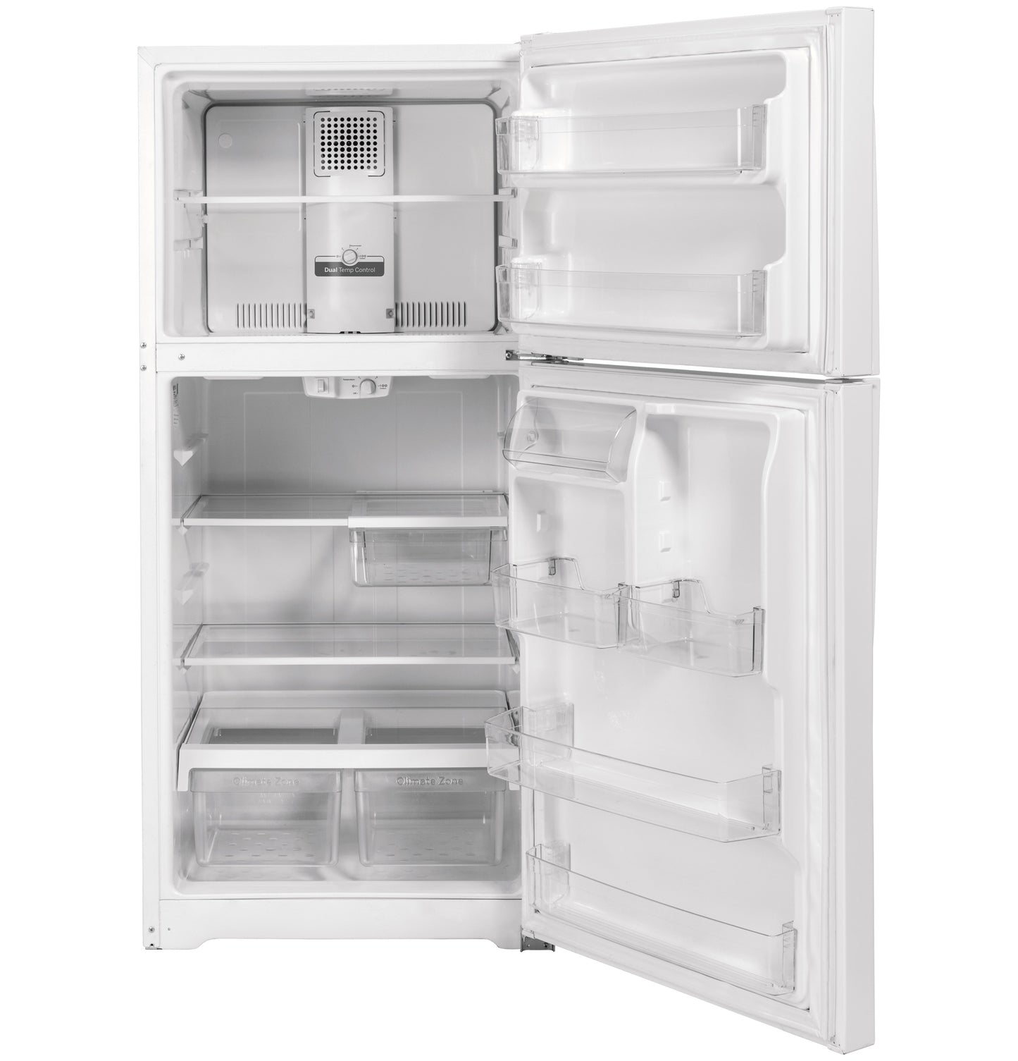 Open white top-freezer refrigerator showing adjustable shelves, door bins, and clear crisper drawers from appliance collection