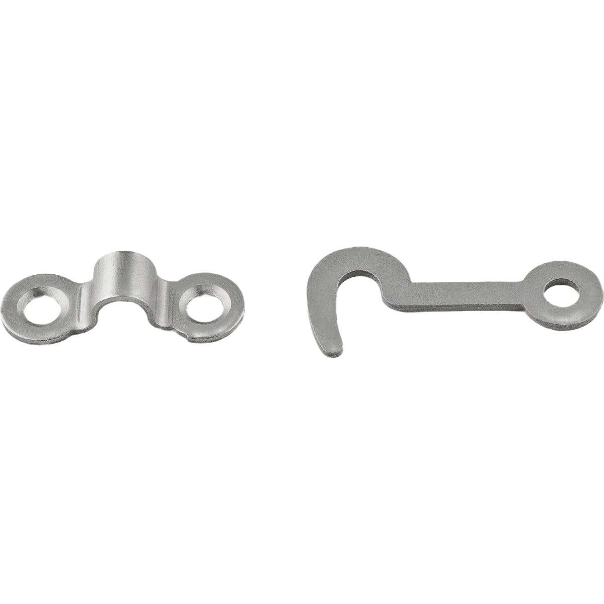 Two satin nickel decorative metal hardware pieces including a hook and staple for home improvement projects