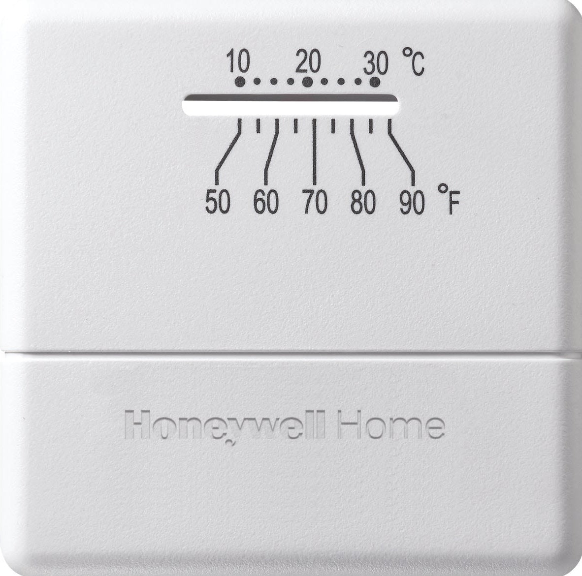 White mechanical thermostat with temperature scale in Fahrenheit and Celsius for home improvement plumbing collections