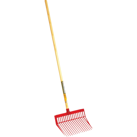 Long wooden handle pitchfork with pink plastic tines for gardening and home improvement tasks