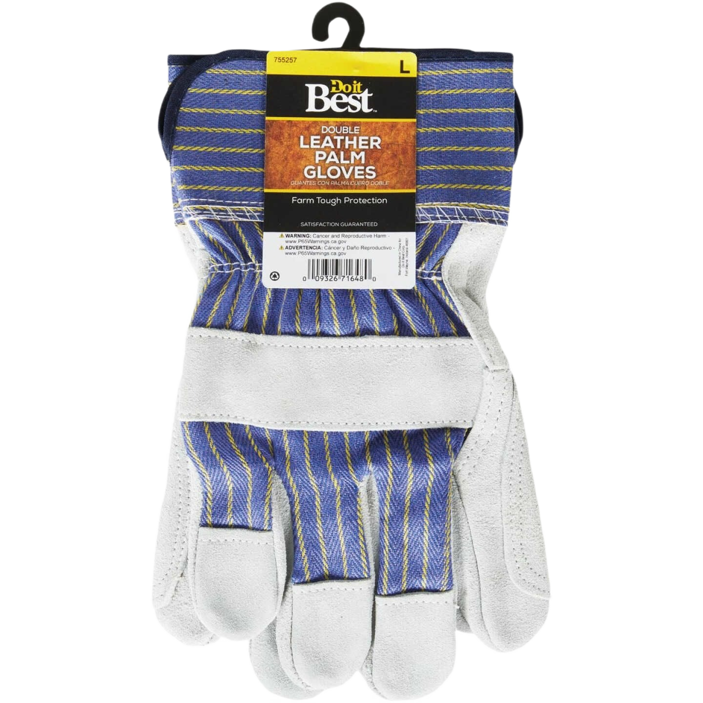 Pair of large work gloves with double leather palms and striped blue fabric backs in safety and hardware collections