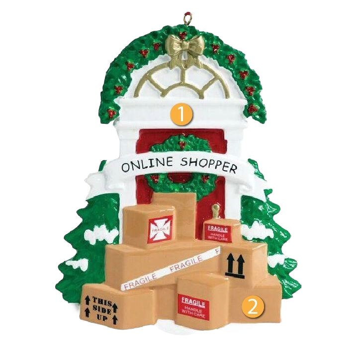 Festive ornament of a holiday wreath-decorated door with stacked shipping boxes and "Online Shopper" banner under $50 Christmas décor