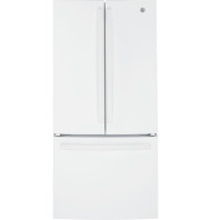White GE® ENERGY STAR® counter-depth French-door refrigerator with bottom freezer drawer, sleek modern design for kitchen appliances collections
