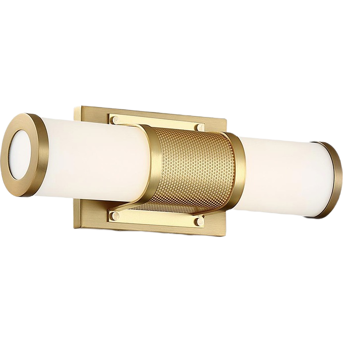 Brushed brass LED vanity light with frosted acrylic tubes, ideal for bathroom and wall lighting collections