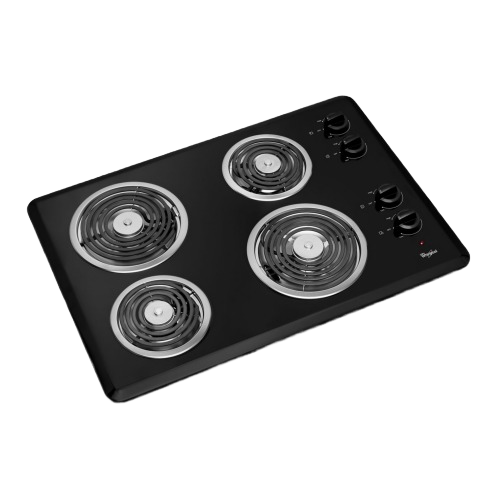 Black electric cooktop with four coil heating elements in two sizes and four control knobs, part of Cooktops, Electric Cooktops, Kitchen & Kitchenware, Appliances, and Ranges & Cooktops collections.
