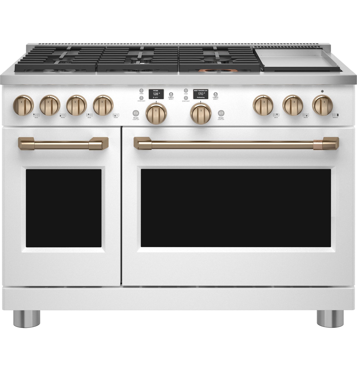 White dual-fuel range with six burners, griddle, and two ovens featuring brass handles in kitchen appliances collection