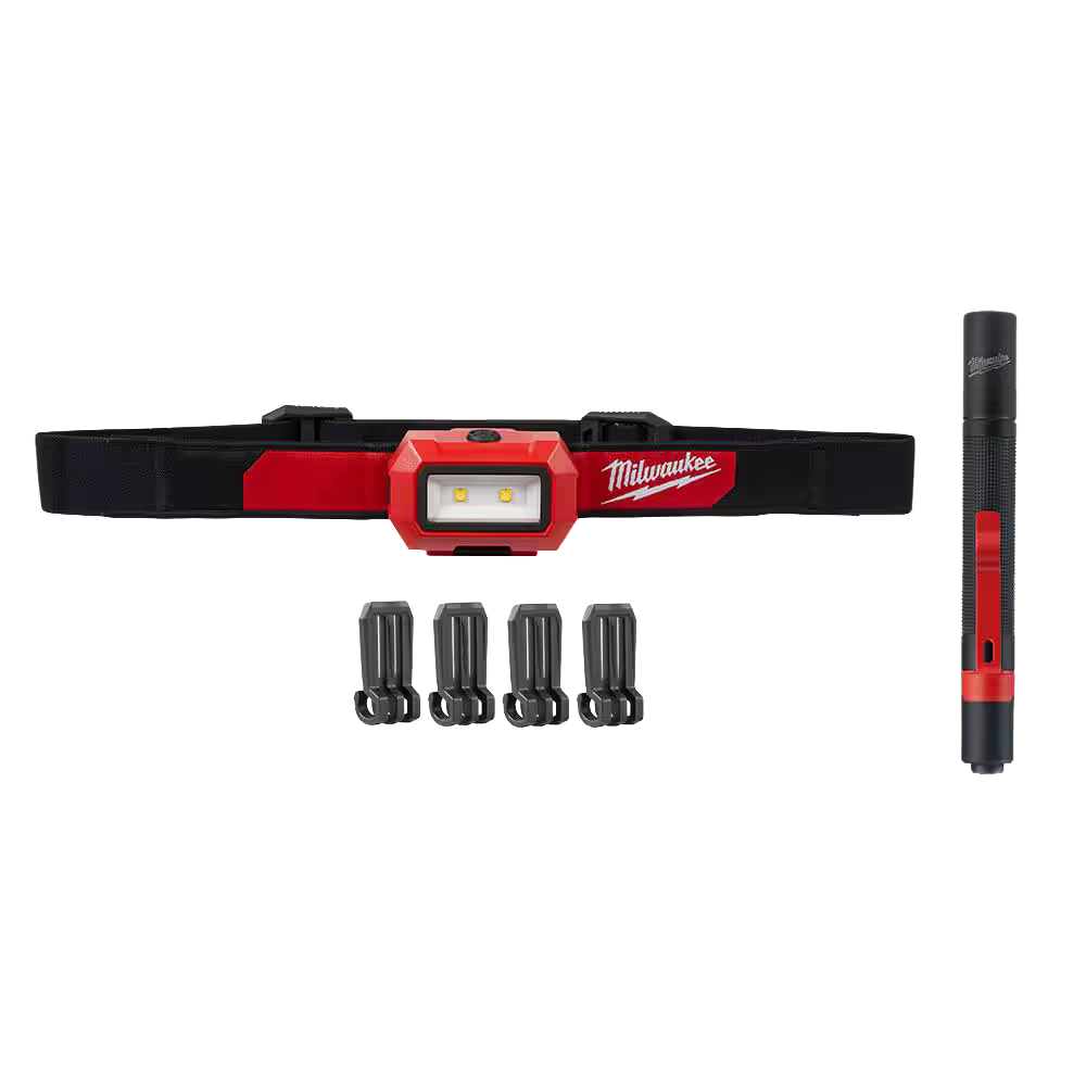 Red and black hands-free headlamp and penlight kit with adjustable strap and four battery caps for tools and home improvement tasks