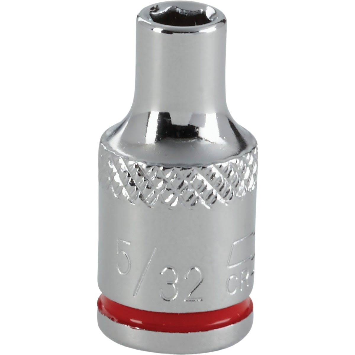 Chrome-plated shallow standard socket with textured grip and red color band for easy size identification in hand tool sets