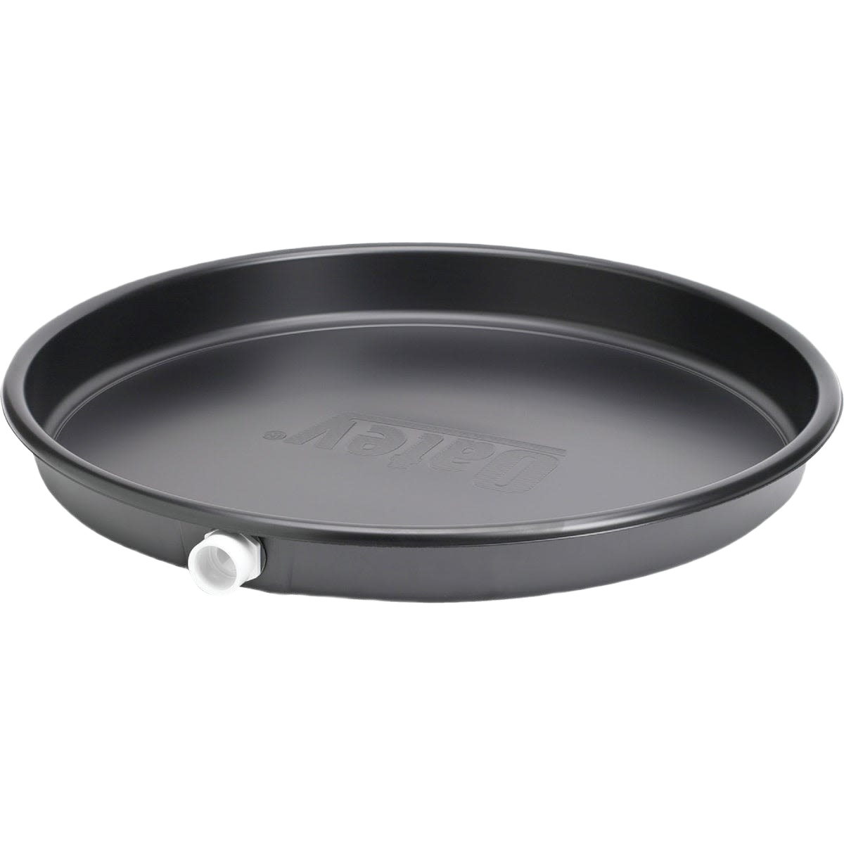 Round black plastic water heater drain pan with white PVC adapter for home improvement use