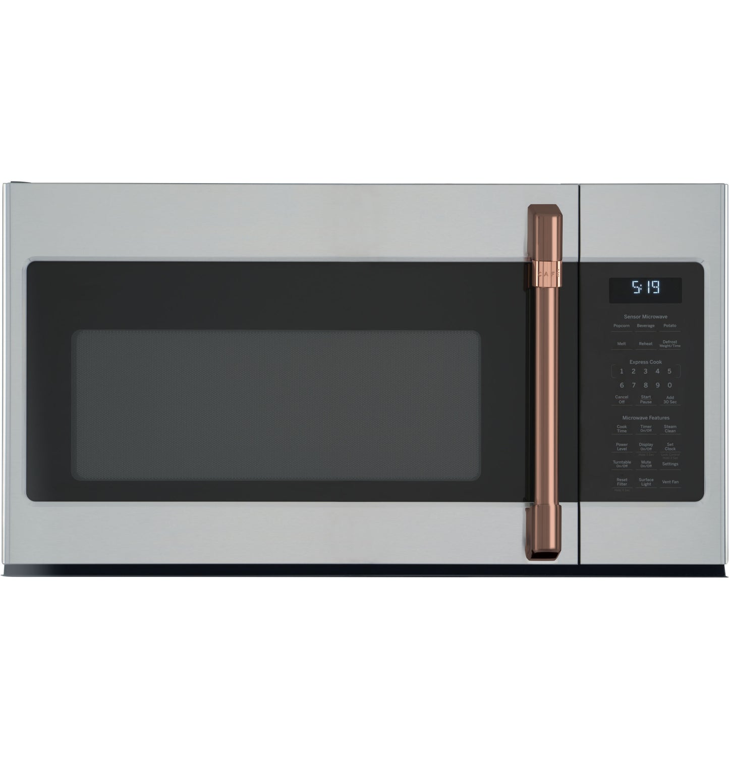 Stainless steel over-the-range microwave with copper handle and digital control panel from kitchen appliances collection