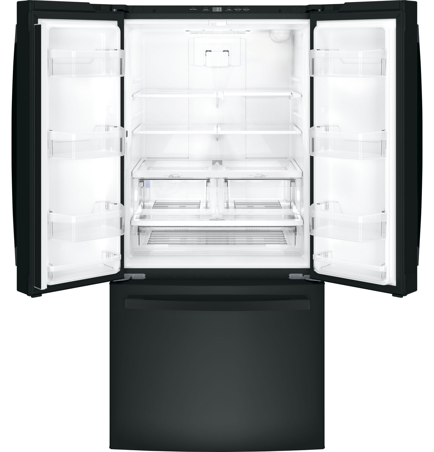 Open black counter-depth French-door refrigerator with spacious adjustable shelves and bottom freezer drawer in appliances collection