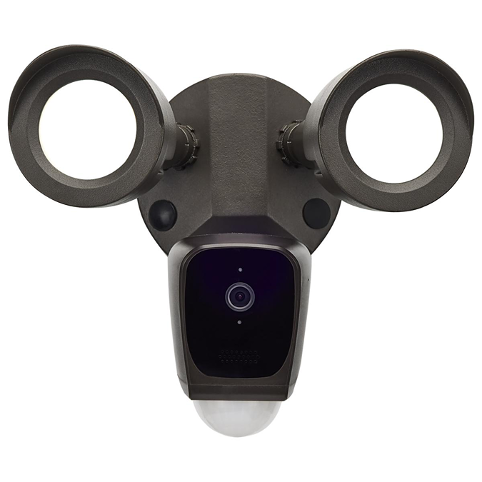 Brown outdoor security light fixture with integrated surveillance camera and motion sensor for smart home safety lighting