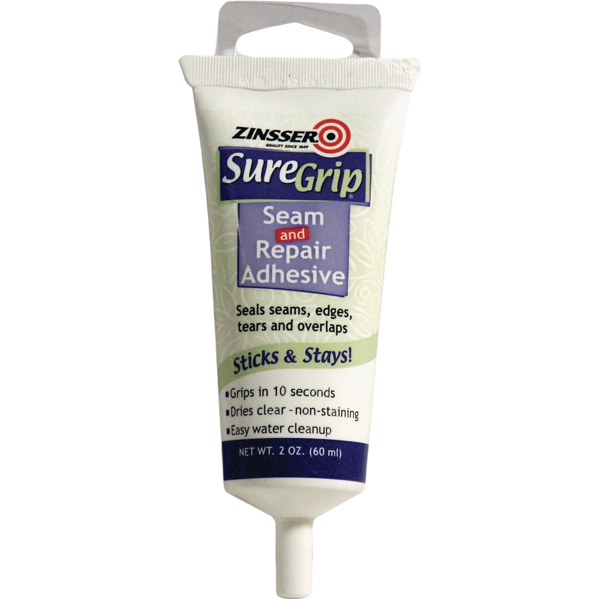 Tube of Zinsser SureGrip seam repair adhesive for wallpaper with easy cleanup for home improvement projects