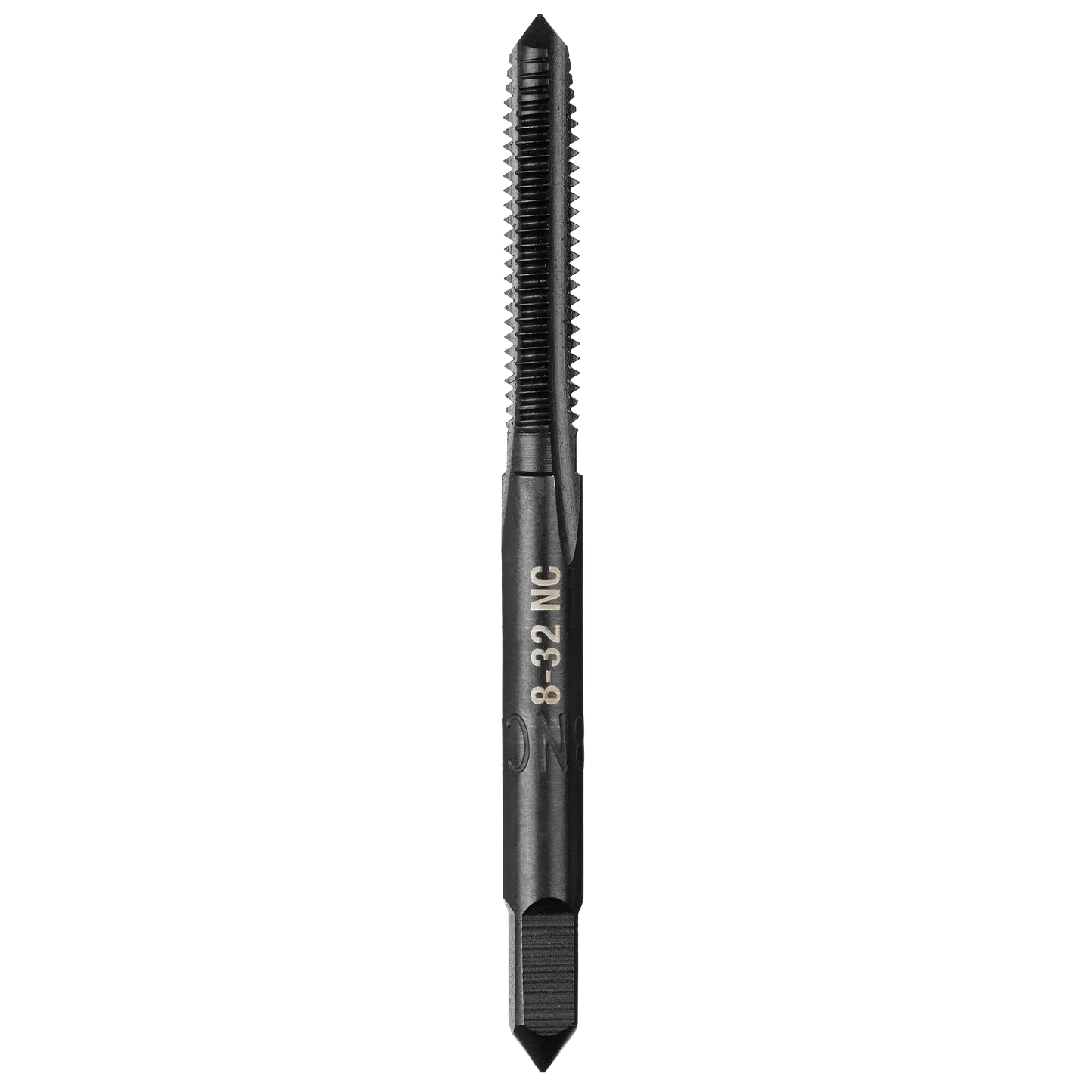 Black oxide coated 8-32 NC straight flute plug tap for precise threading in power tool and drill bit collections