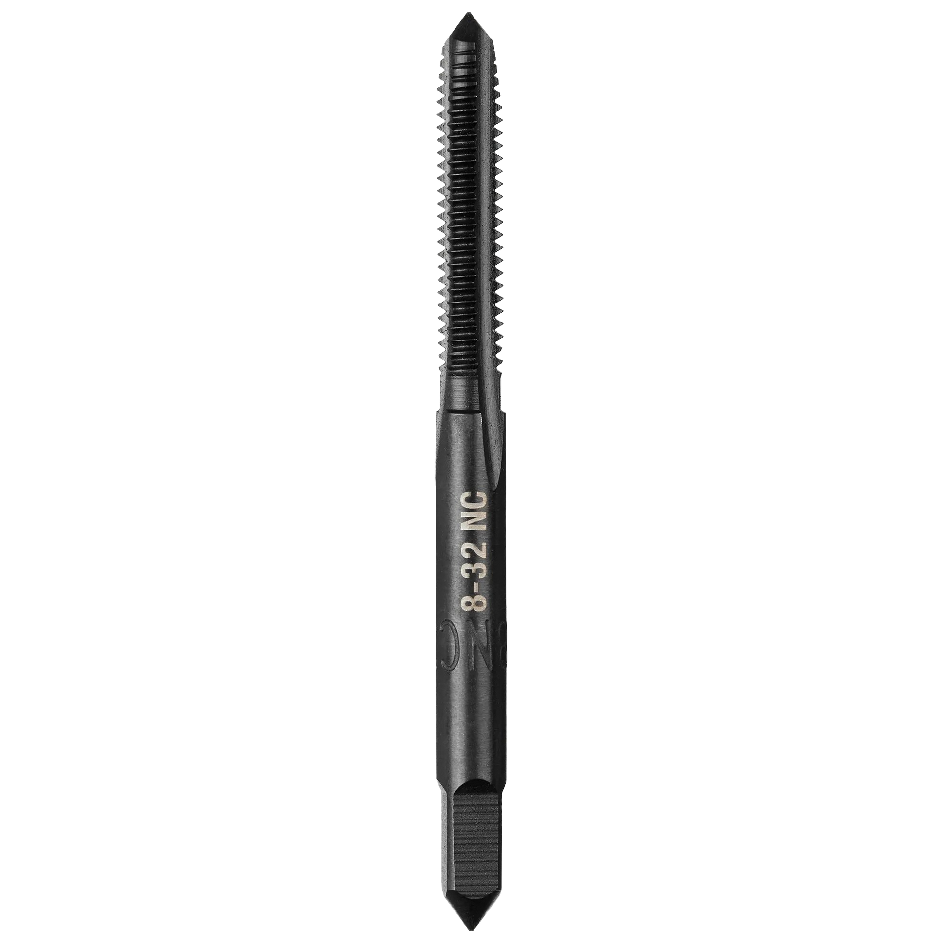 Black oxide coated 8-32 NC straight flute plug tap for precise threading in power tool and drill bit collections