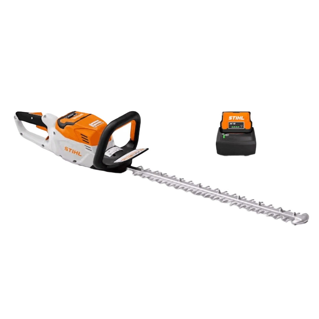 Cordless hedge trimmer with orange and white body, long silver blade, and separate rechargeable battery for home improvement tasks