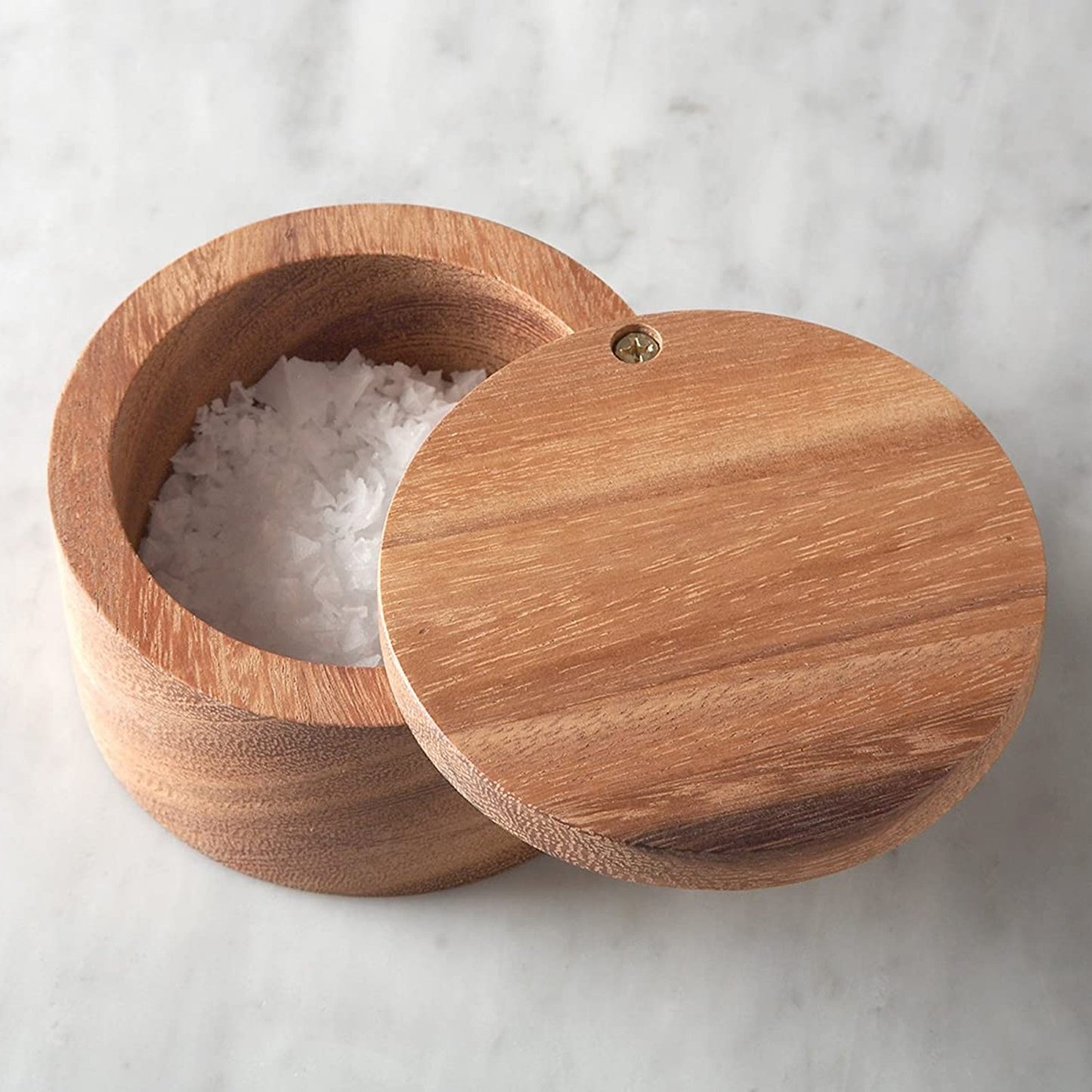 Round wooden salt cellar with hinged lid made of Acacia wood holding coarse salt, Kitchenware and Cooking Utensils collection