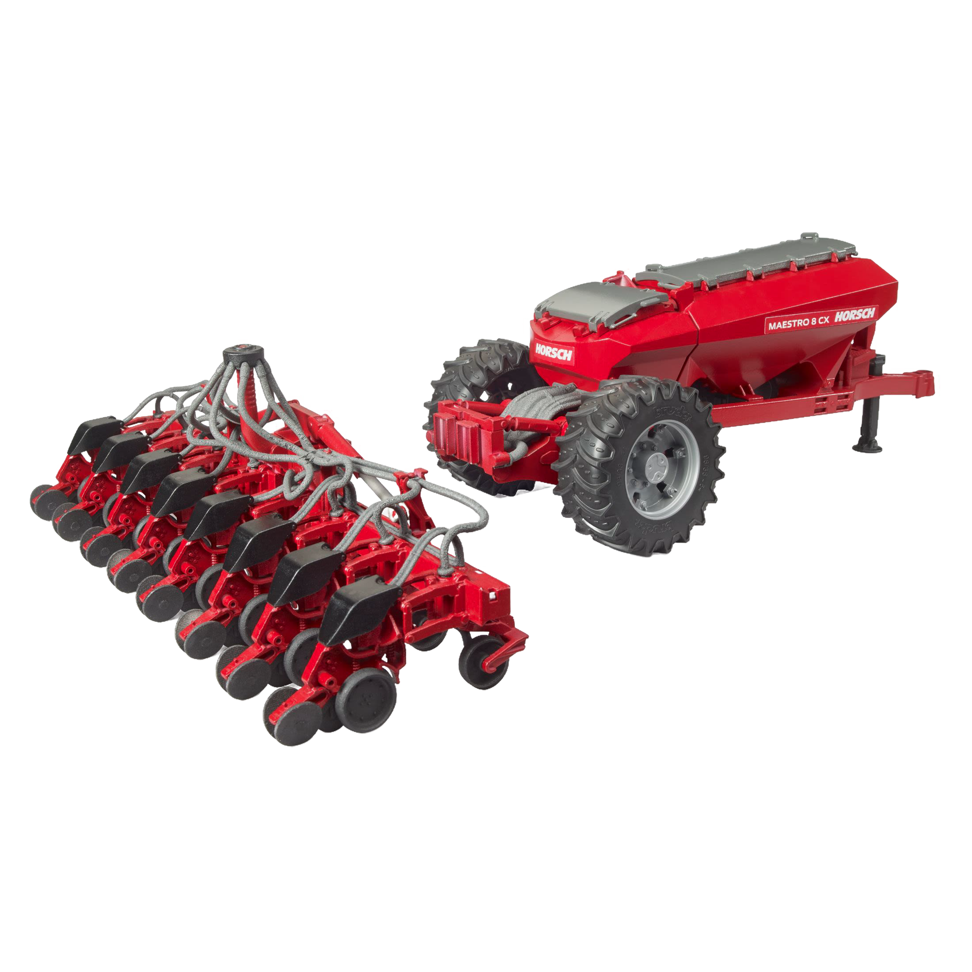 Red and black detailed toy farming seeder with multiple planting units and large tires from Bruder Toys collection under $100