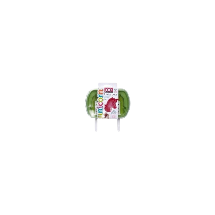 Unicorn-shaped freeze pop mold with green handles and white sticks for making homemade frozen treats