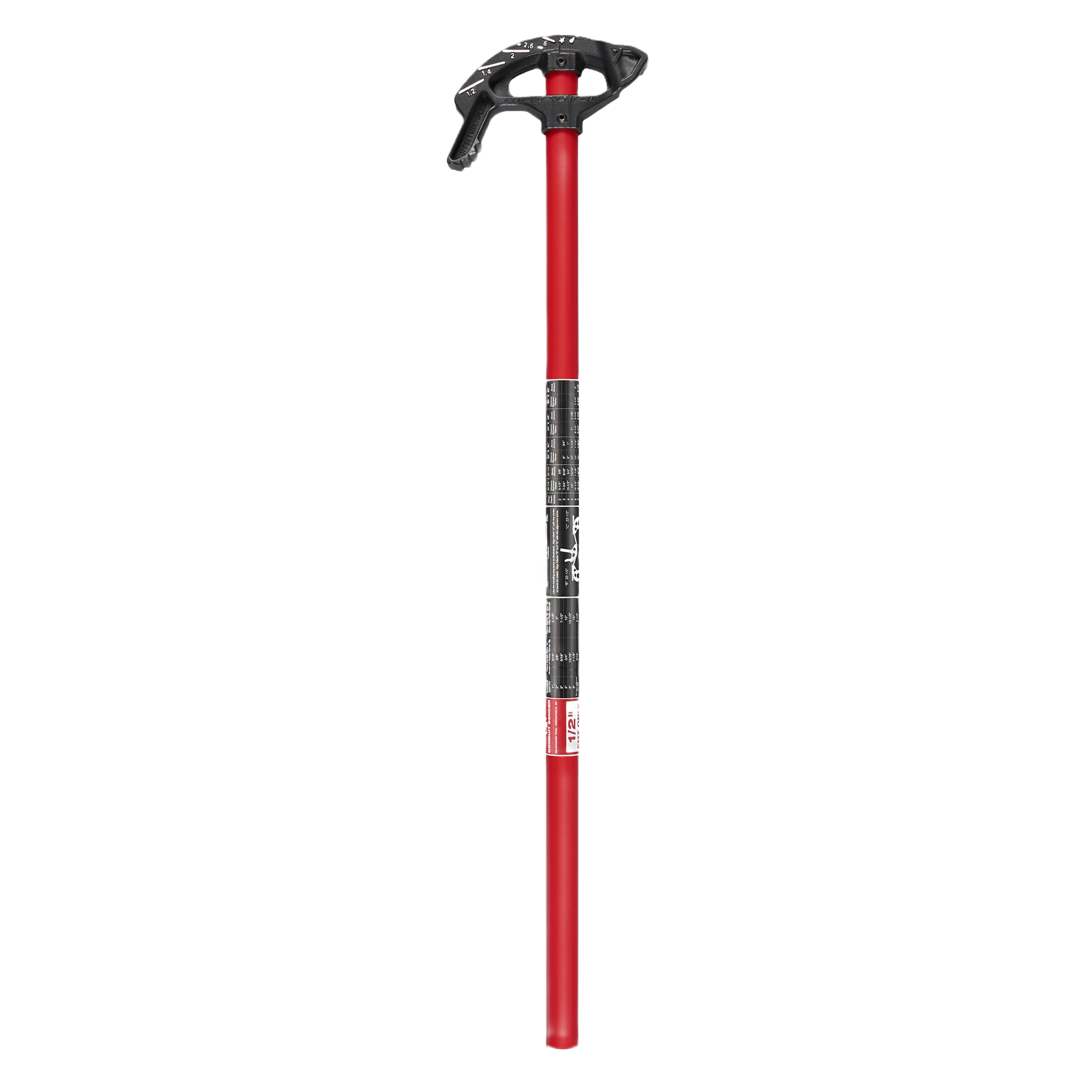 Red iron conduit bender with reinforced hook and high contrast markings for electrical hand tools and conduit accessories collection