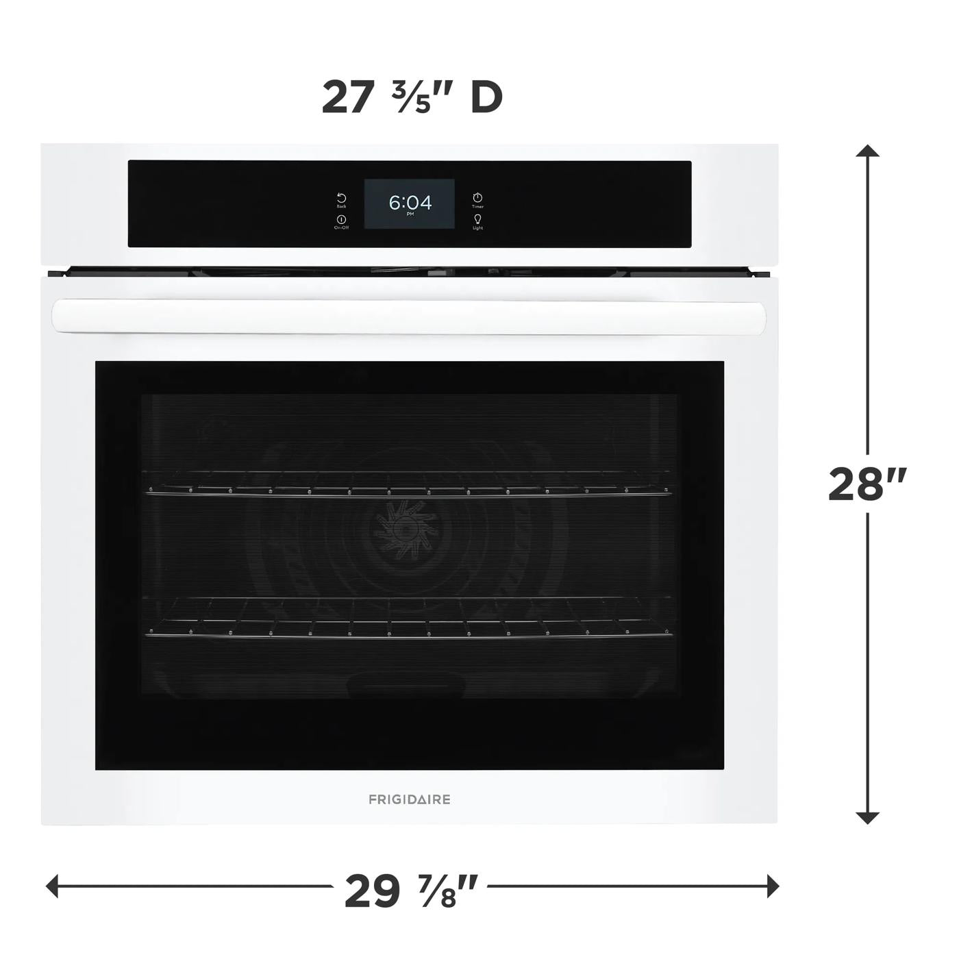 White single electric wall oven with fan convection, digital touch display, spacious interior, part of kitchen appliances collection